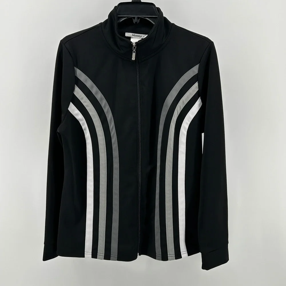 Masseys Full Zip Track Jacket Black Striped Mock‎ Neck L Athletic Sporty Active